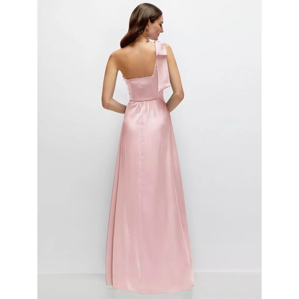 NWT After Six Bow One Shoulder Fluid Satin Maxi Dress Full Skirt Ballet Pink XS - Picture 2 of 14